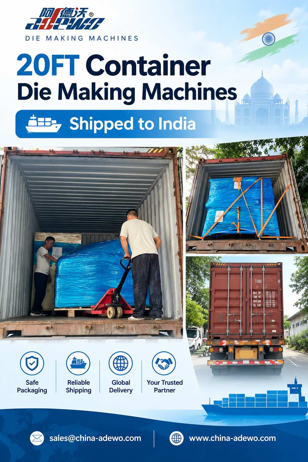 ADEWO liefert vier wichtige Maschinenmodelle in einem vollen Container nach Indien und verbessert so die lokalen Produktionslinien für die Stanzformherstellung